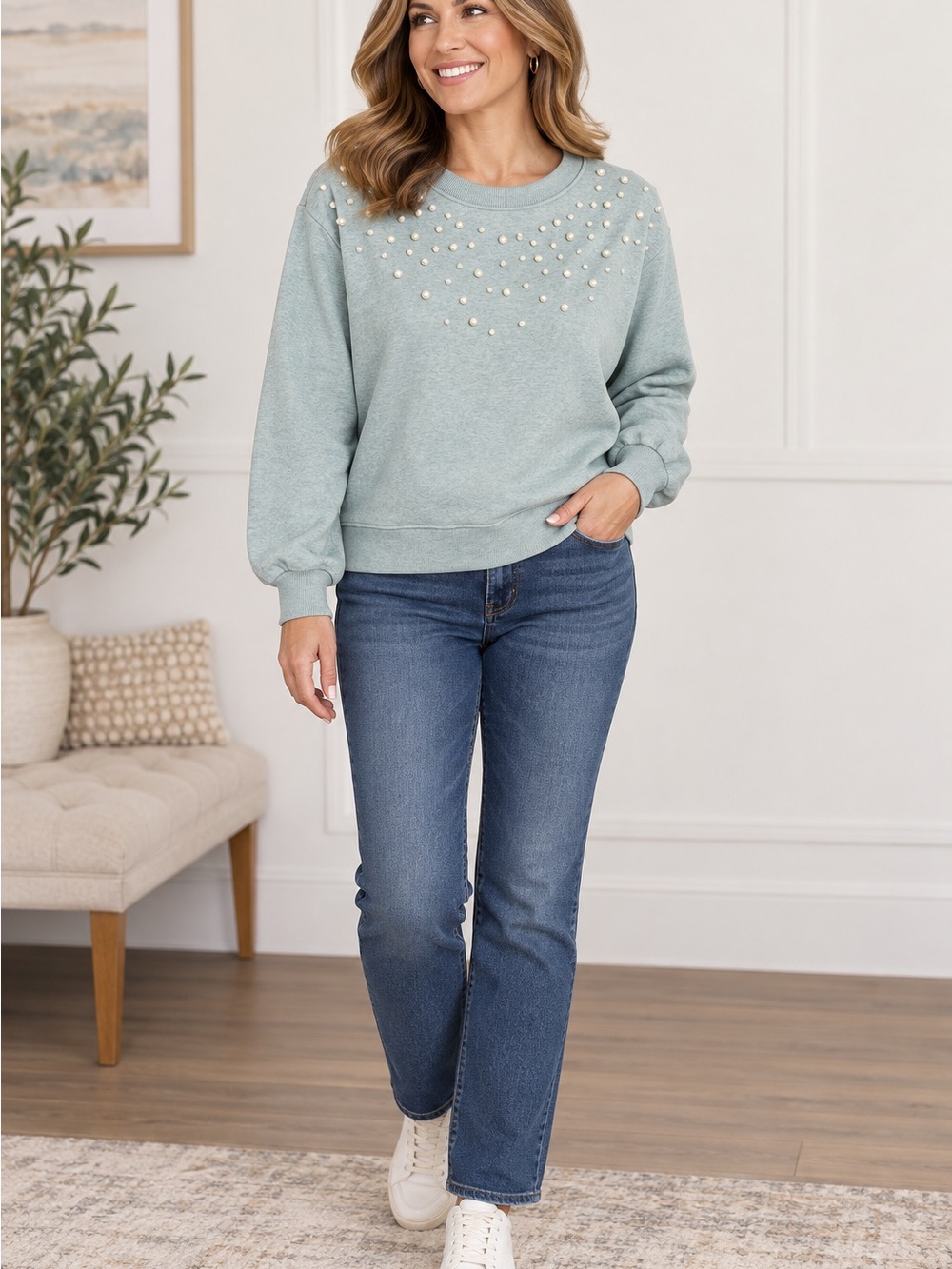 LOFT Petite MP Pearl Embellished Sweatshirt Seafoam Green Long Sleeve Pullover